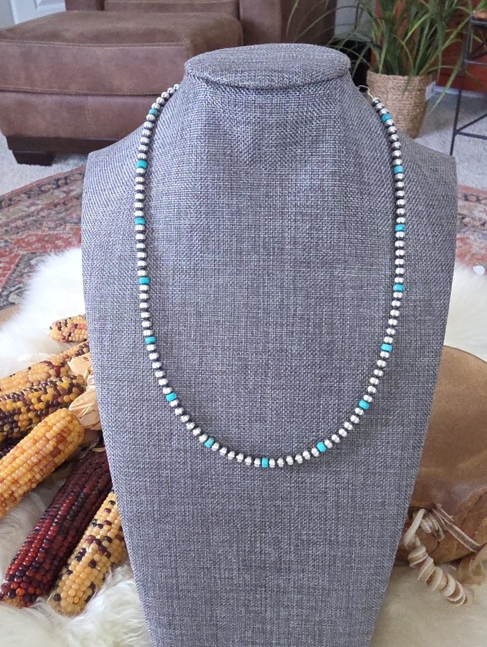 Beautiful Native American Navajo Sterling & Turquoise Bead Necklace 💙🩶🎁
